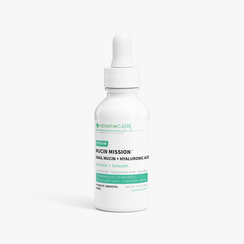 A white dropper bottle of apotheCARE Mucin Mission serum with a white cap, set against a clean white background.