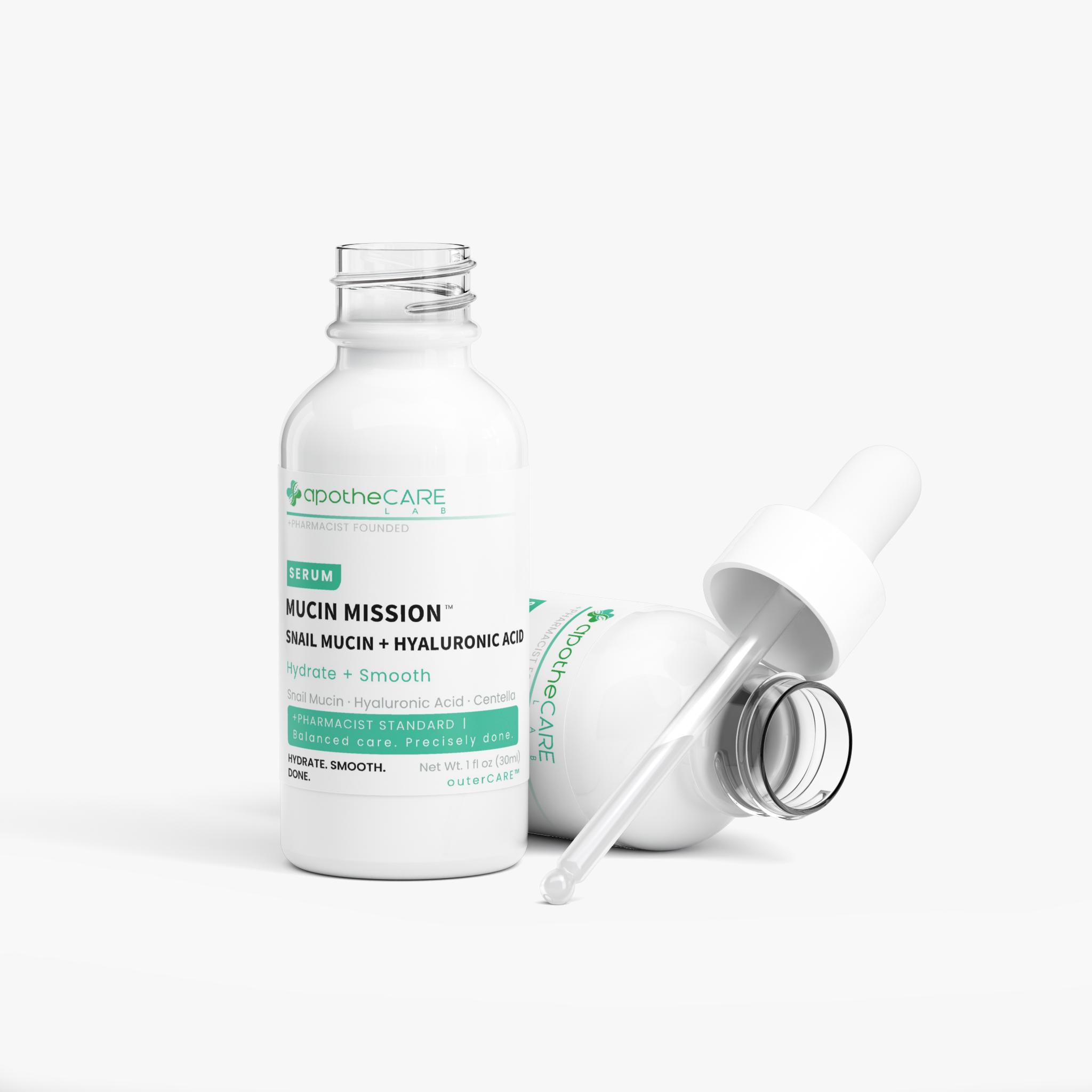 A white bottle of Apothecare Mucin Mission serum with a dropper, shown alongside a detached white dropper cap on a clean white background.