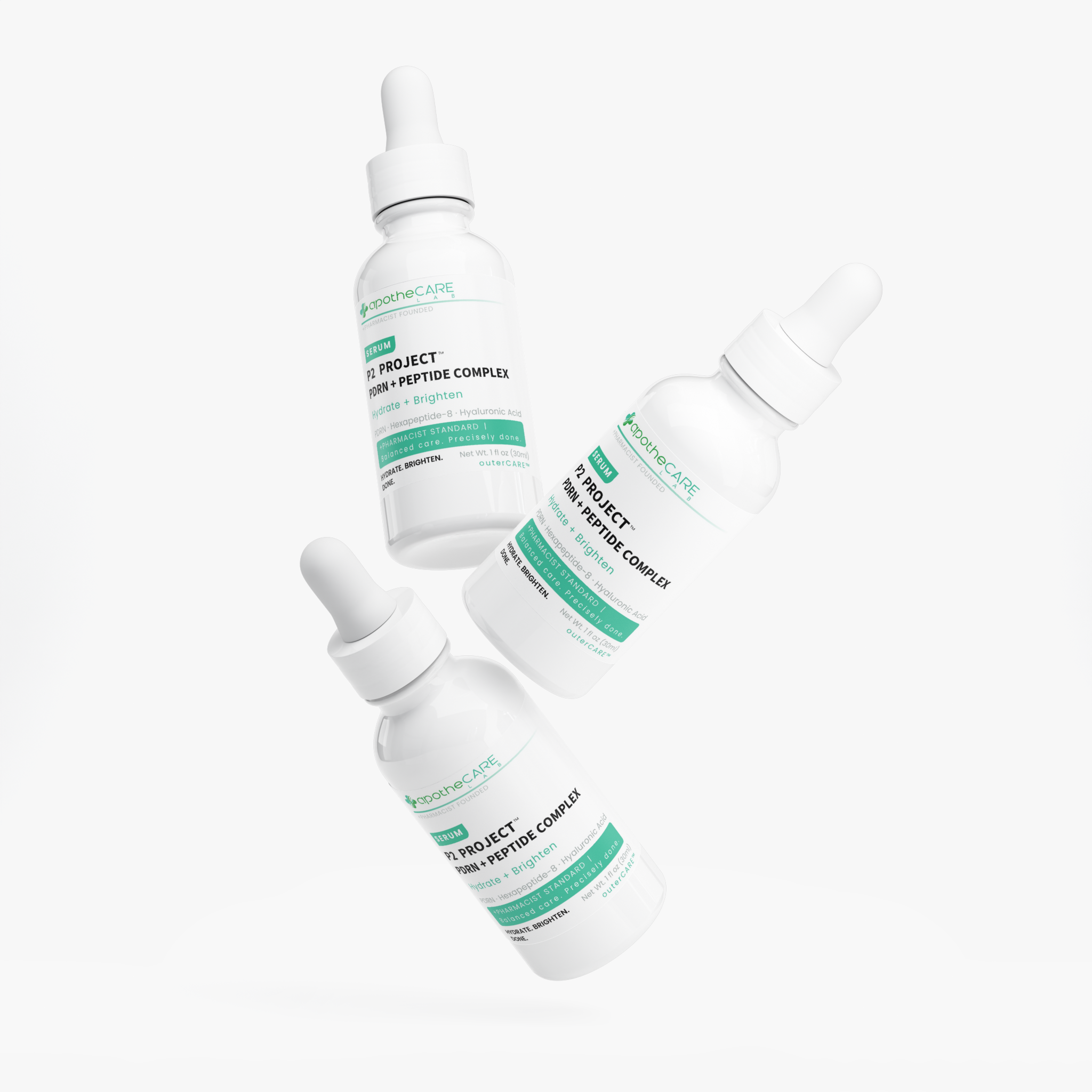 Three white dropper bottles of apotheCARE LAB 'P2 Project' PDRN and Peptide Complex floating at different angles on a clean white background.