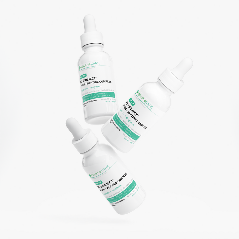 Three white dropper bottles of apotheCARE LAB 'P2 Project' PDRN and Peptide Complex floating at different angles on a clean white background.