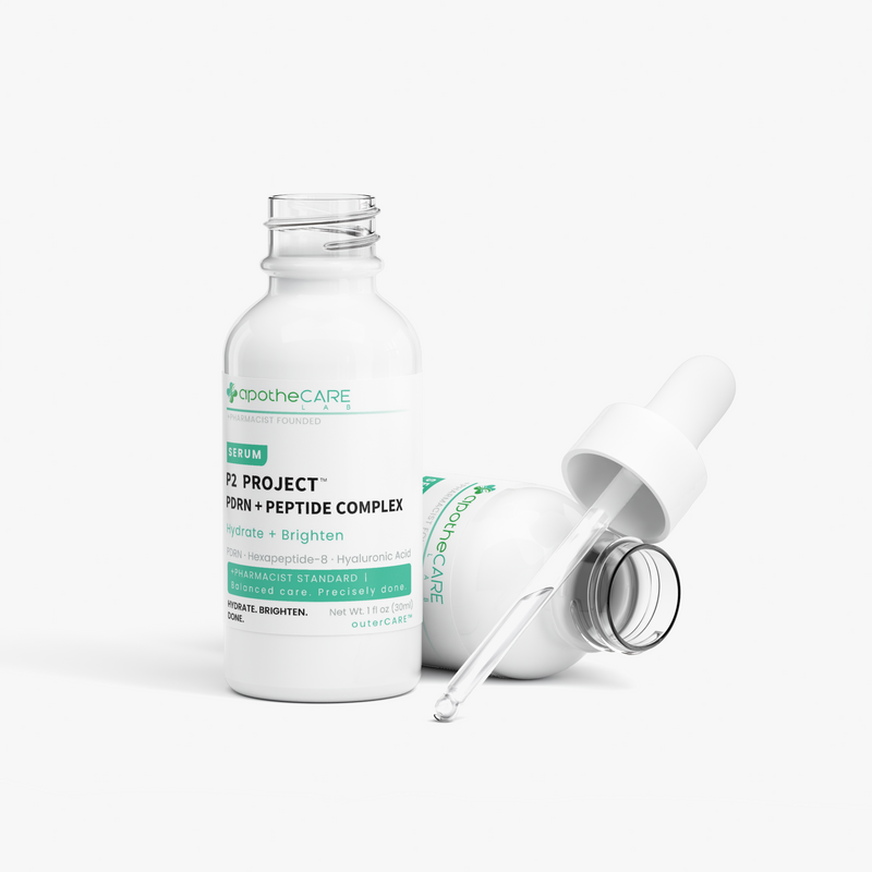 A white glass skincare dropper bottle labeled 'apotheCARE P2 PROJECT' with a separate white dropper resting beside it on a clean white background.