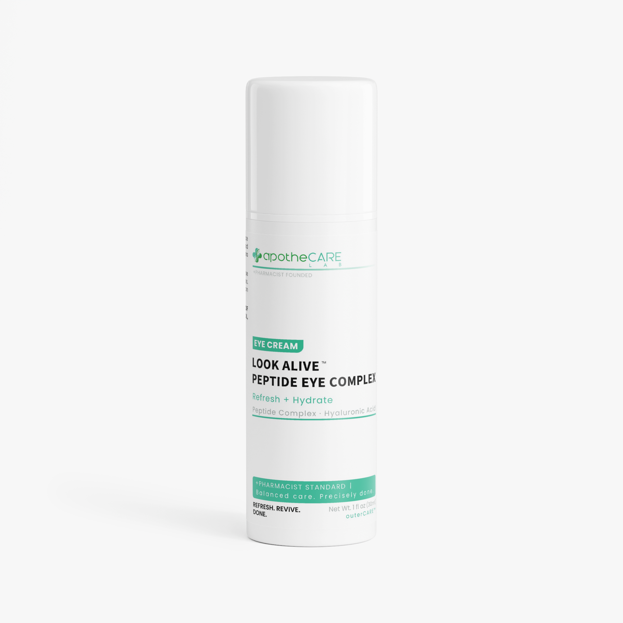 A white cylindrical bottle of ApotheCare Look Alive Peptide Eye Complex eye cream, shown on a clean white background.
