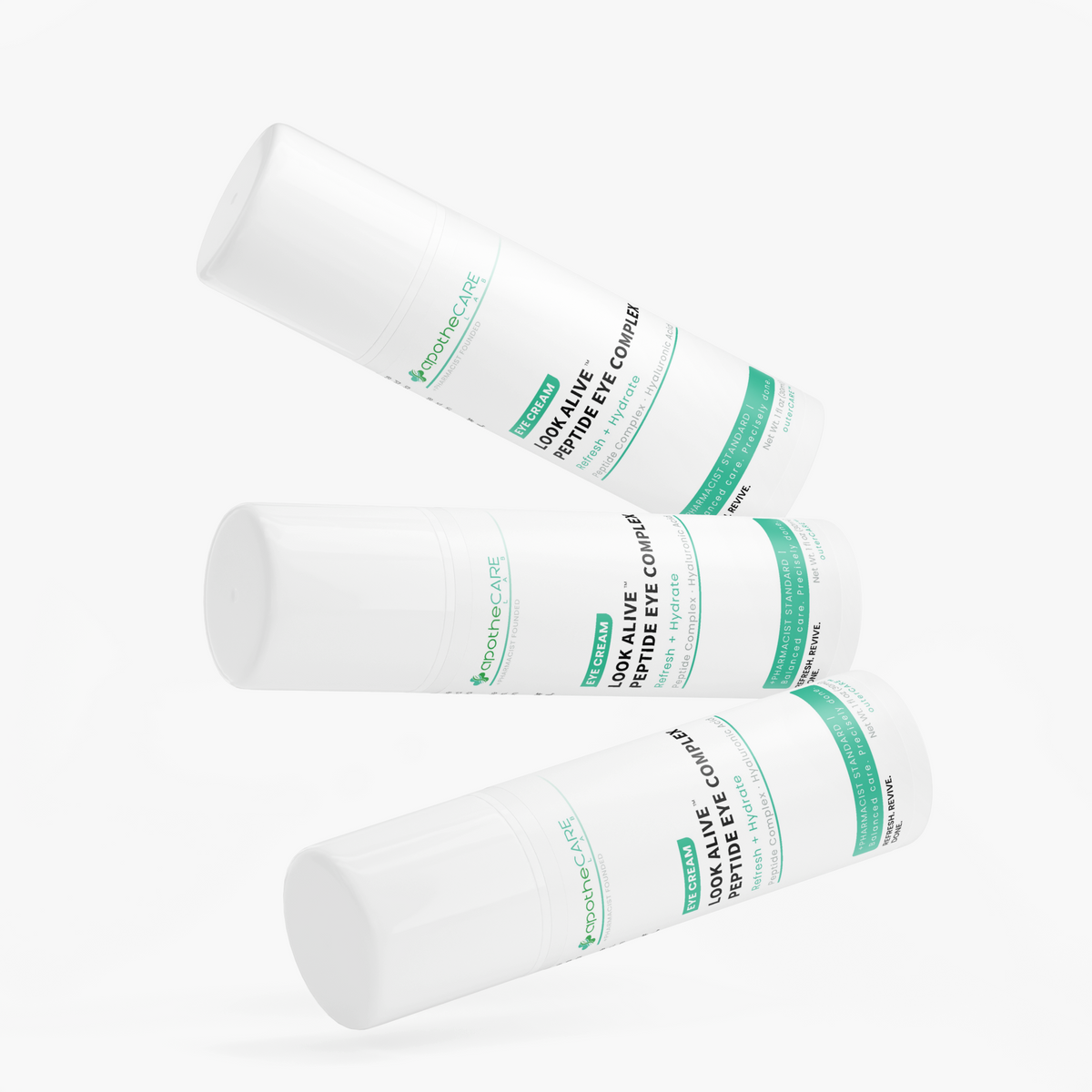 Three white bottles of Peptide Eye Cream arranged diagonally on a clean white background.