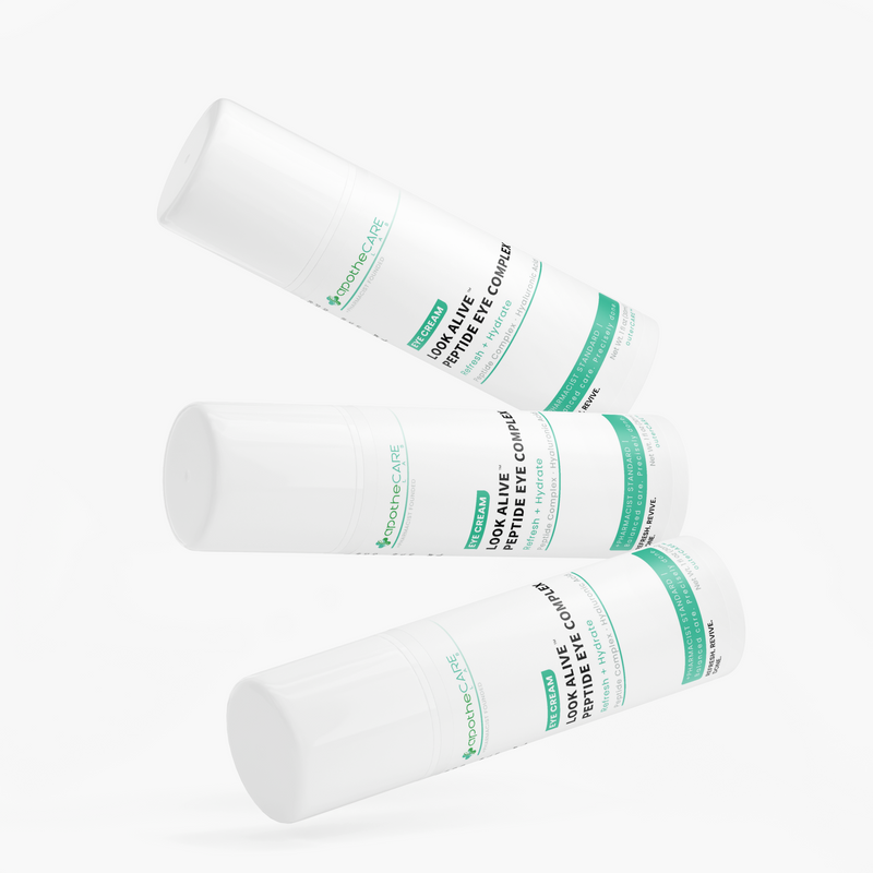 Three white bottles of Peptide Eye Cream arranged diagonally on a clean white background.