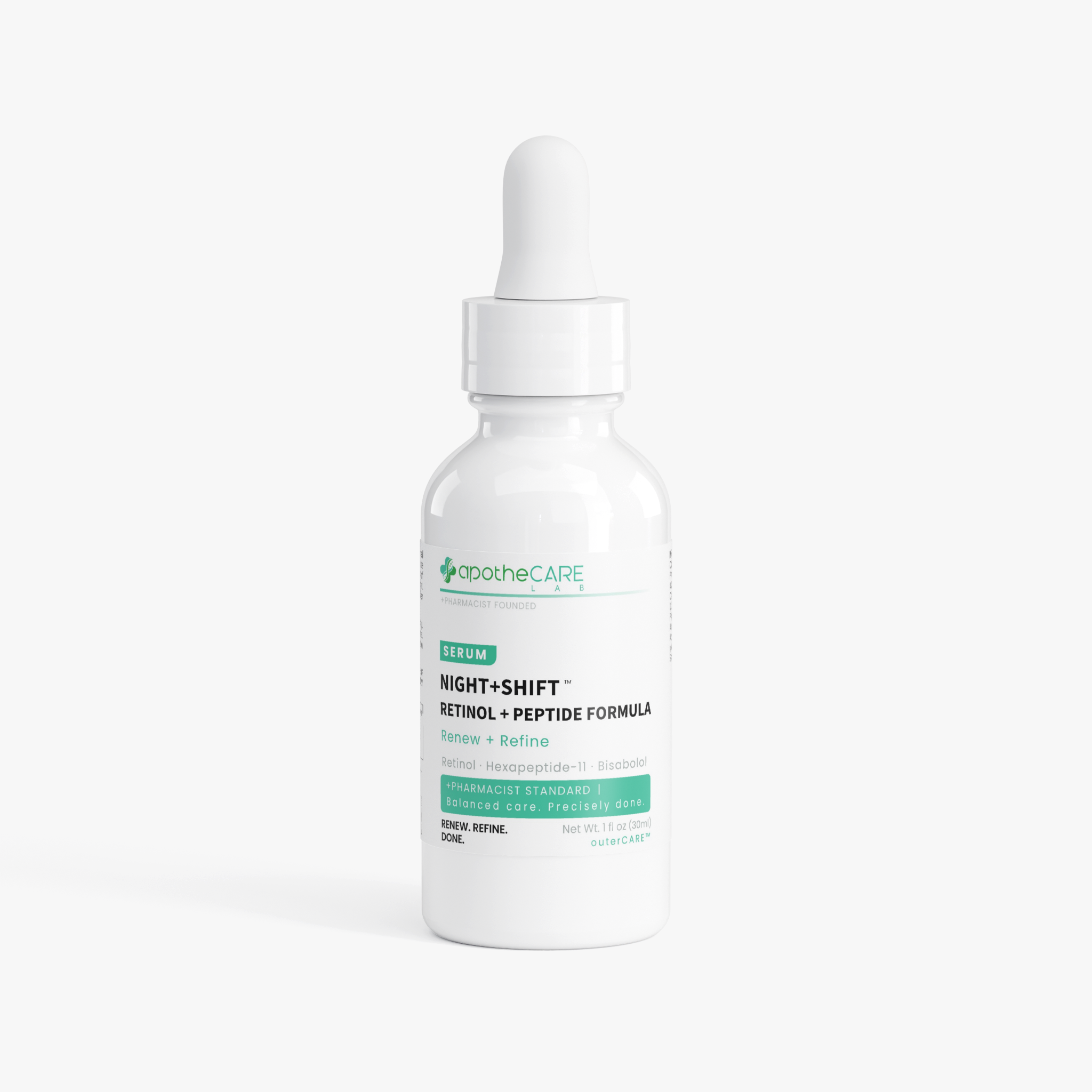 A white dropper bottle of apotheCare Lab Night+Shift Retinol + Peptide Formula serum, centered on a clean white background.