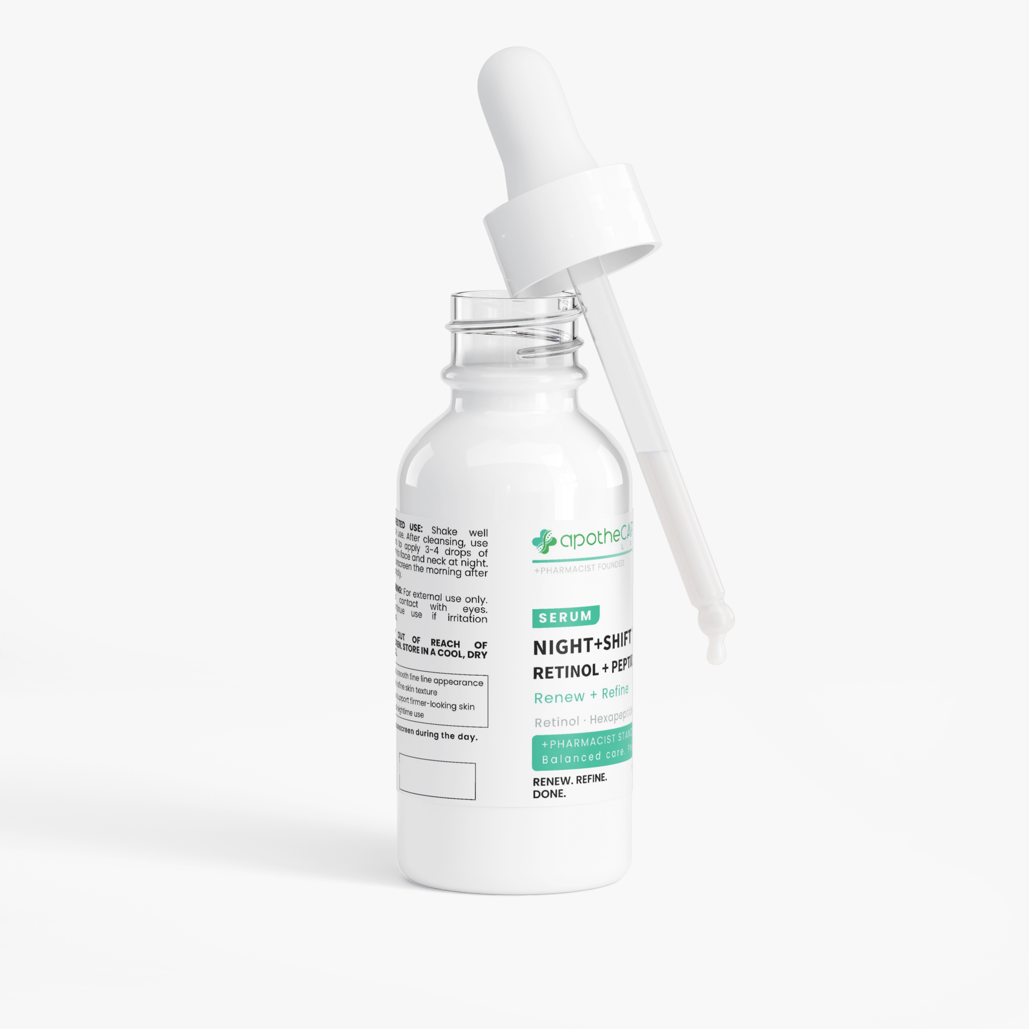 A white glass dropper bottle of apotheCARE LAB  Night+Shift - Retinol + Peptide Serum with a white plastic dropper resting on top, set against a clean white background.