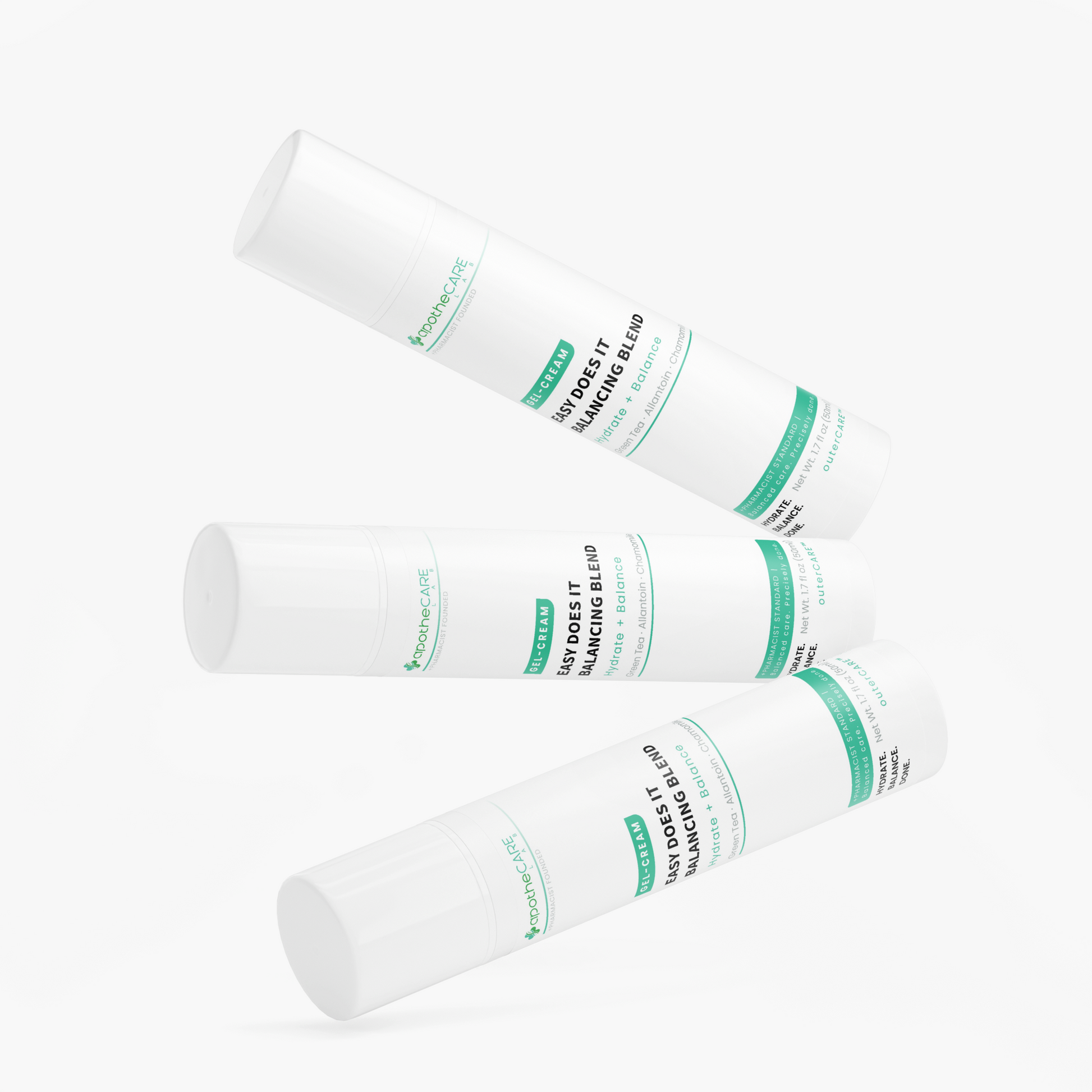Three white cylindrical cosmetic tubes with green and black text, arranged diagonally on a clean white background. The brand name 'apotheCARE LAB' is visible on the labels.