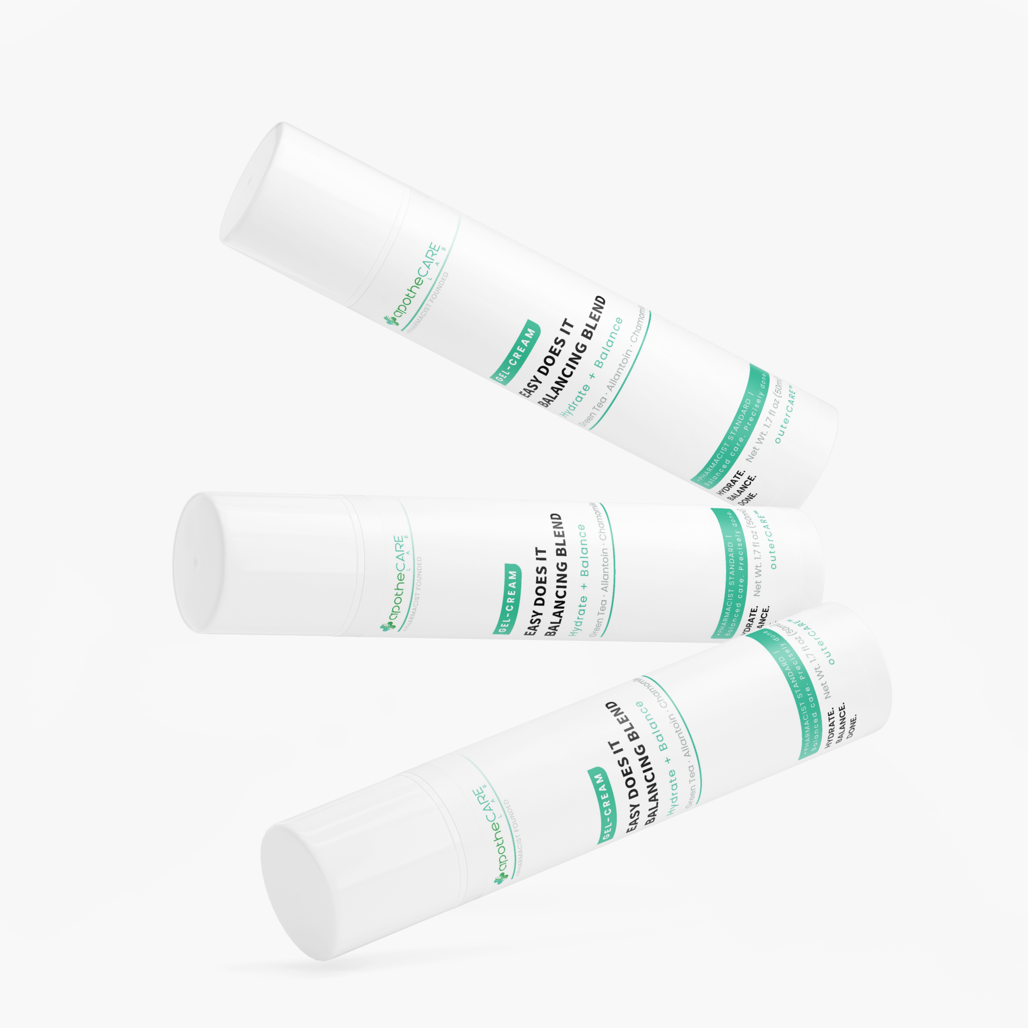 Three white cylindrical cosmetic tubes with green and black text, arranged diagonally on a clean white background. The brand name 'apotheCARE LAB' is visible on the labels.
