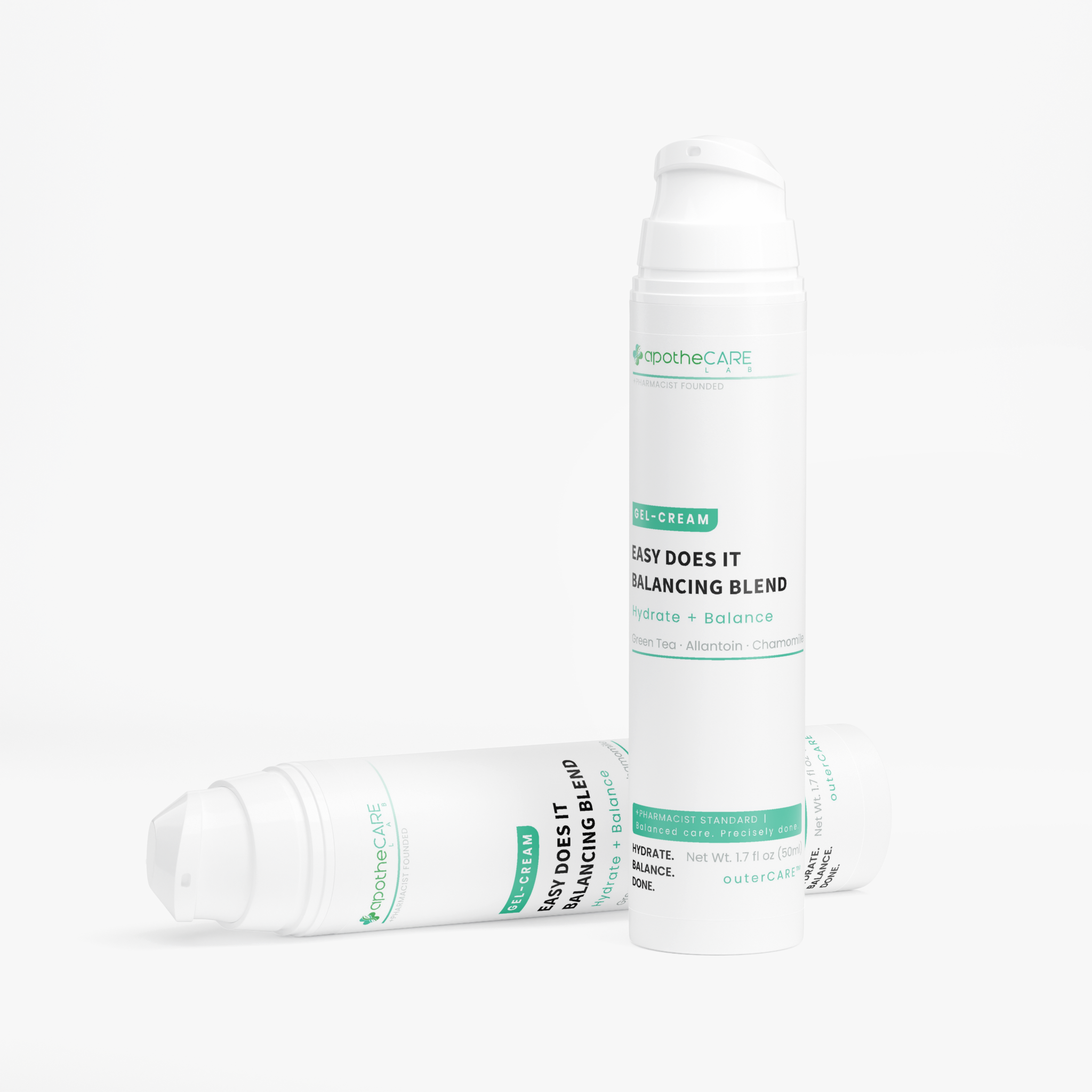 Two white bottles of apotheCARE LAB Easy Does It Balancing Blend skin cream, one standing upright and one lying on its side, on a clean white background.