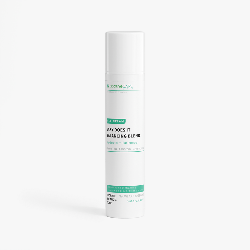 A white cylindrical tube with green and black text, labeled 'apotheCARE LAB' and 'EASY DOES IT BALANCING BLEND', centered on a plain white background.
