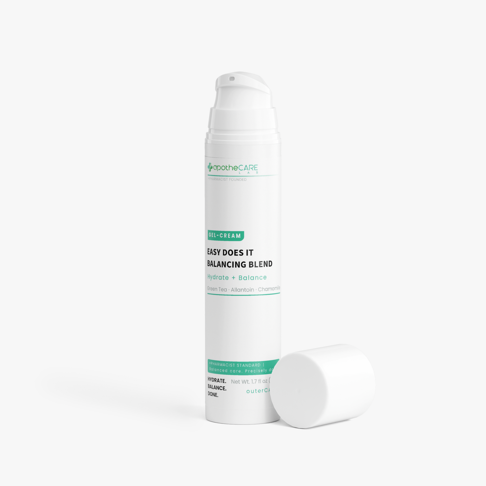 A white pump bottle of apotheCARE LAB Easy Does It Balancing Blend with its cap off, displayed on a clean white background.