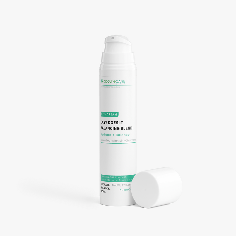 A white pump bottle of apotheCARE LAB Easy Does It Balancing Blend with its cap off, displayed on a clean white background.