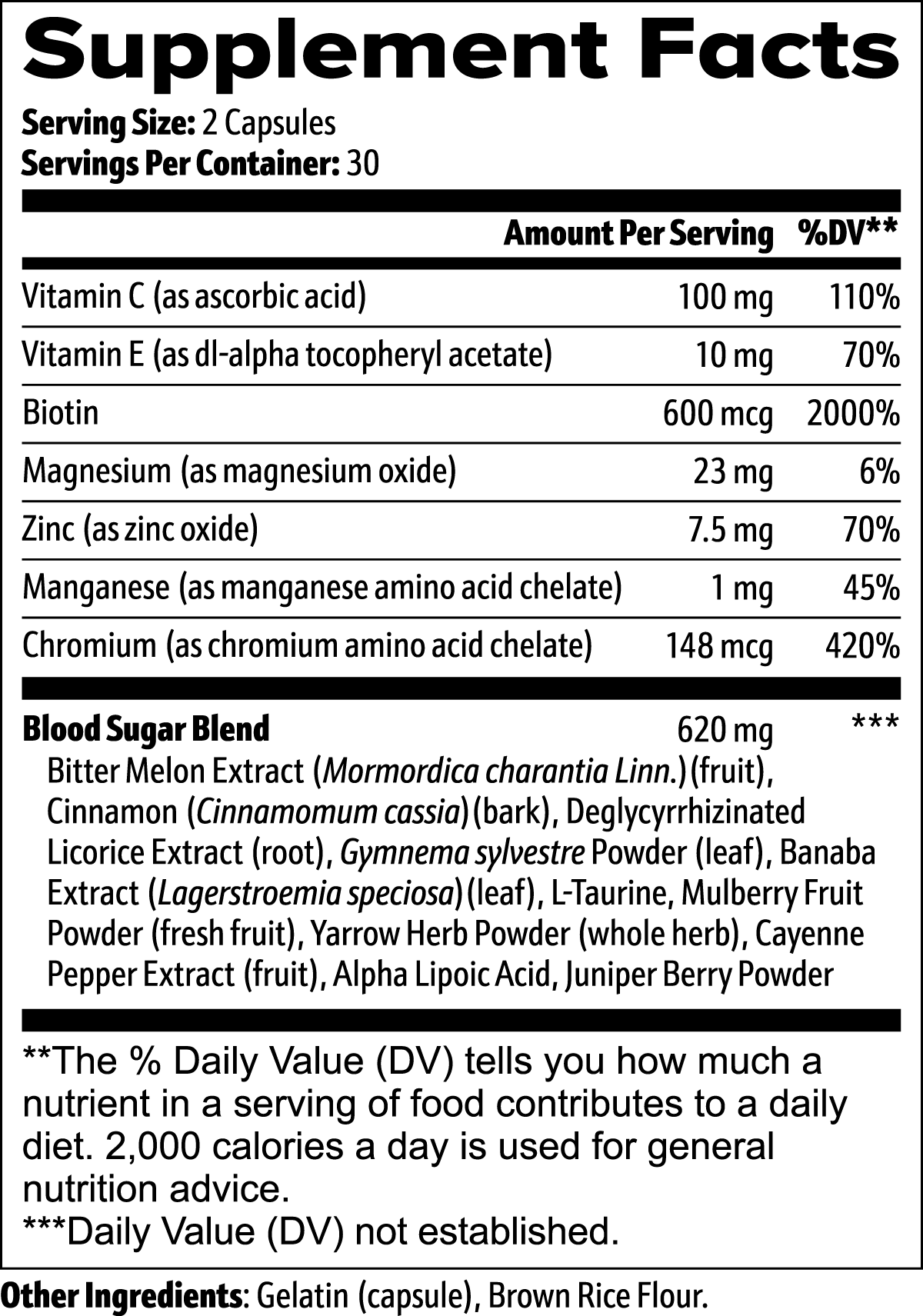 Supplement facts label with detailed nutritional information 