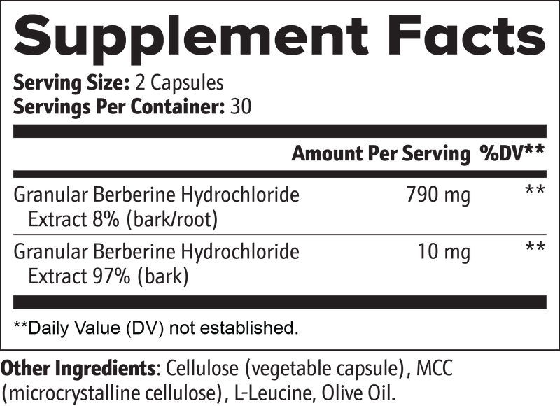 Supplement facts label for a product containing Berberine Hydrochloride with serving size and container details.
