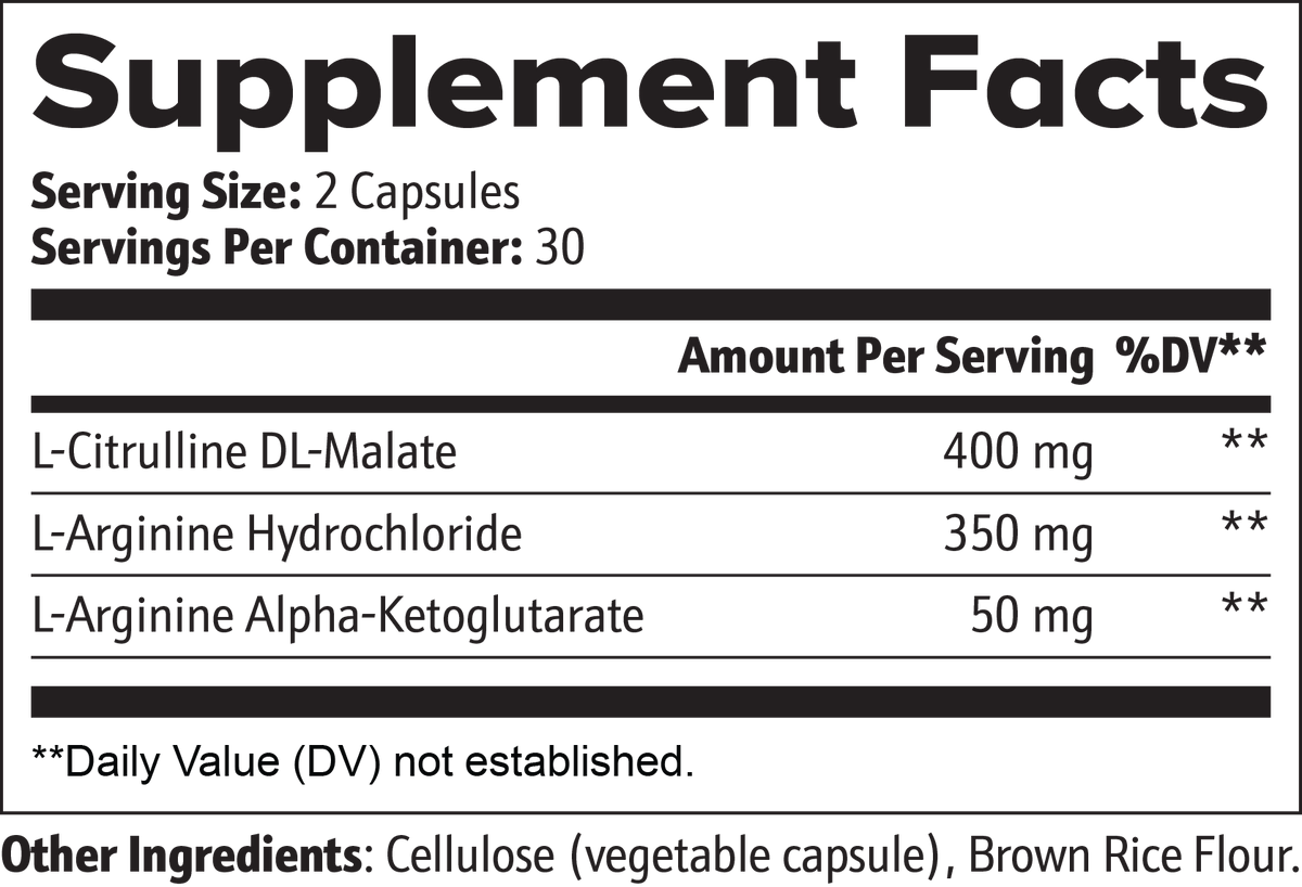 Supplement facts label with ingredients and serving sizes on a white background