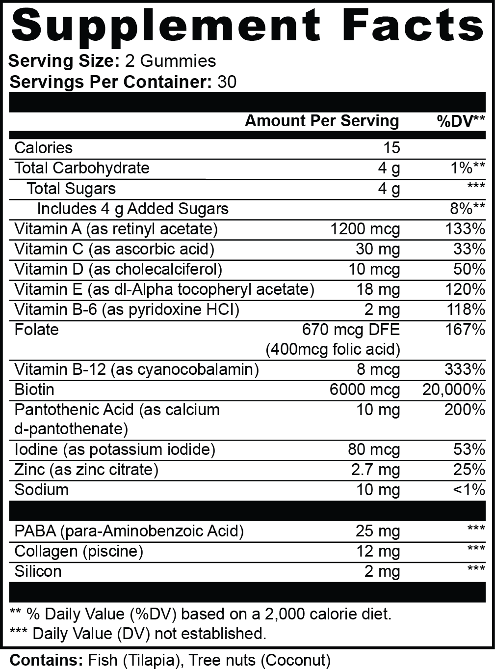 Supplement facts label with detailed nutritional information.