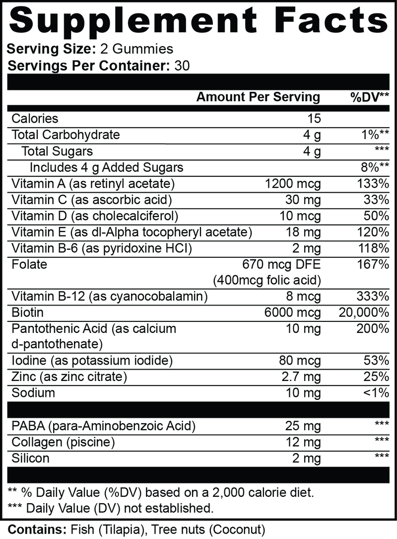 Supplement facts label with detailed nutritional information.