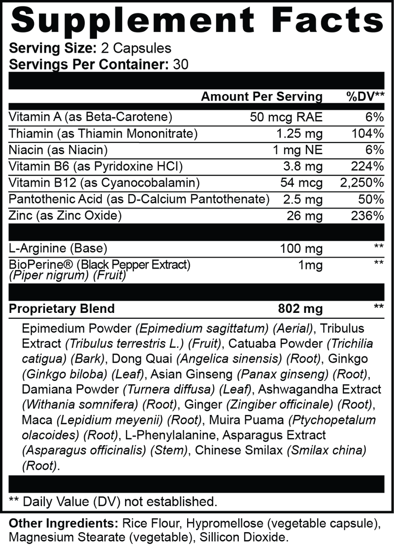 Supplement facts label with detailed nutritional information on a black background