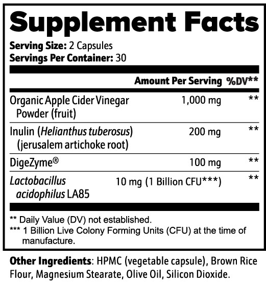 Supplement facts label with detailed nutritional information on a white background