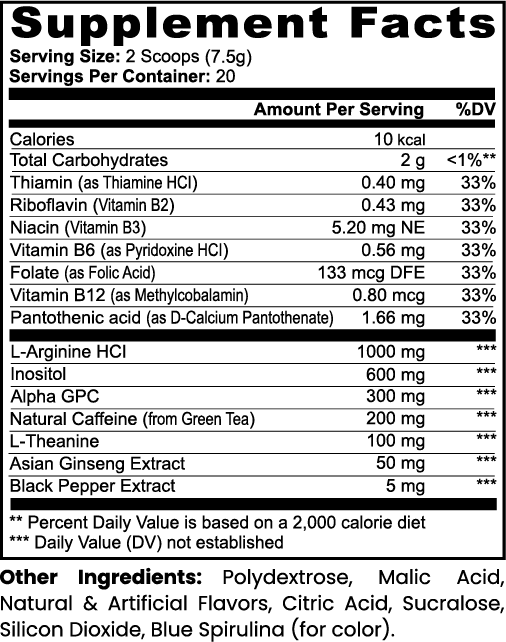 Supplement facts label with various vitamins and minerals listed