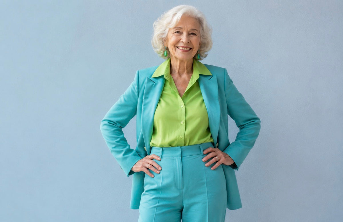 An older woman with short white hair stands against a light blue-gray background, smiling and posing with her hands on her hips. She is wearing a bright turquoise blazer and matching trousers over a lime green collared shirt.