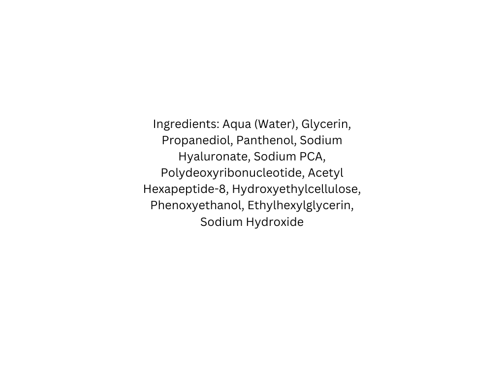 A white slide with centered black text listing ingredients: Aqua (Water), Glycerin, Propanediol, Panthenol, Sodium Hyaluronate, Sodium PCA, Polydeoxyribonucleotide, Acetyl Hexapeptide-8, Hydroxyethylcellulose, Phenoxyethanol, Ethylhexylglycerin, and Sodium Hydroxide.