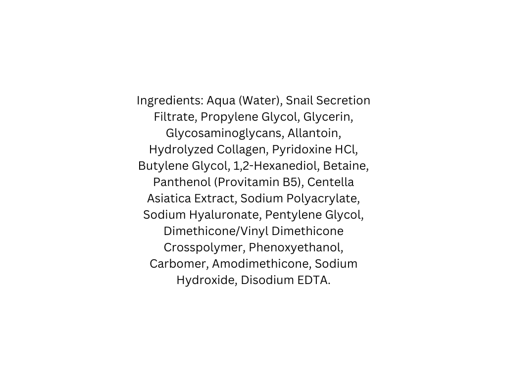 A white square graphic with centered black text listing ingredients, including aqua, snail secretion filtrate, glycerin, collagen, and various acids and extracts.