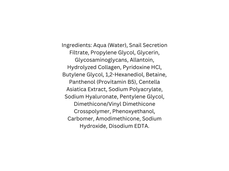 A white square graphic with centered black text listing ingredients, including aqua, snail secretion filtrate, glycerin, collagen, and various acids and extracts.
