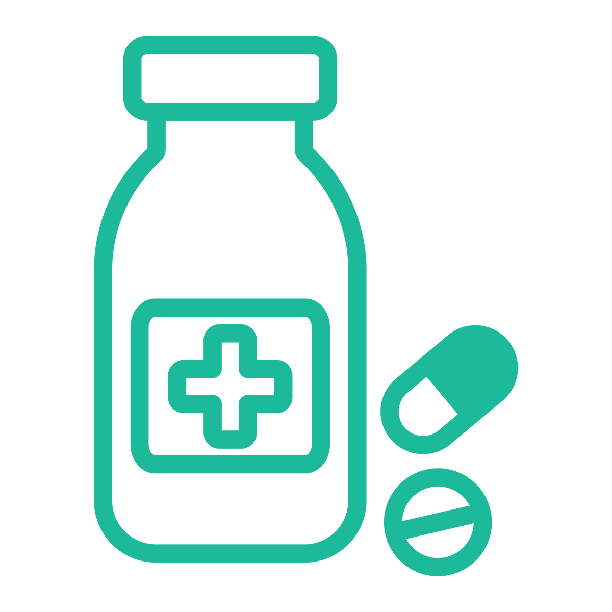 Icon of a medicine bottle with a cross in the middle and a pill and capsule on the side with a teal outline on a white background.