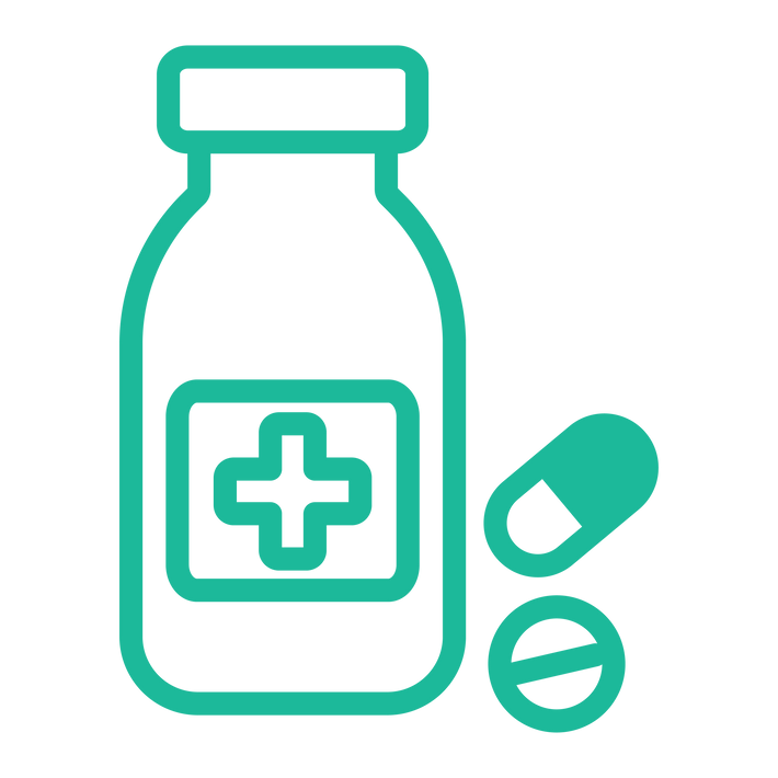 Icon of a medicine bottle with a cross in the middle and a pill and capsule on the side with a teal outline on a white background.