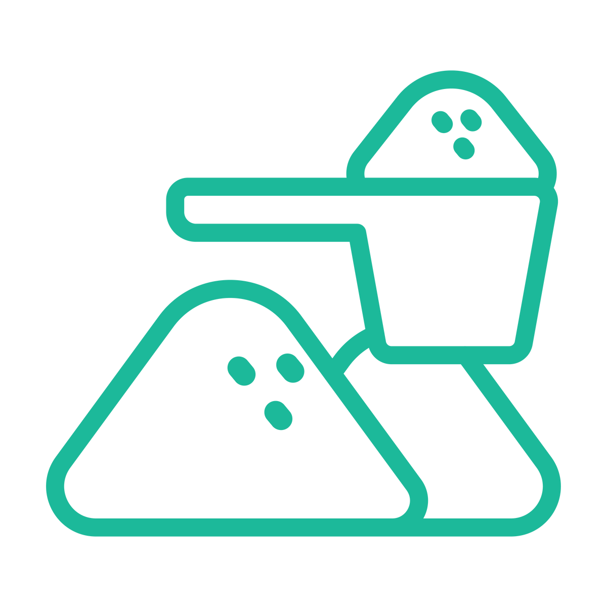Icon of a scooper and some powders with a teal outline on a white background.