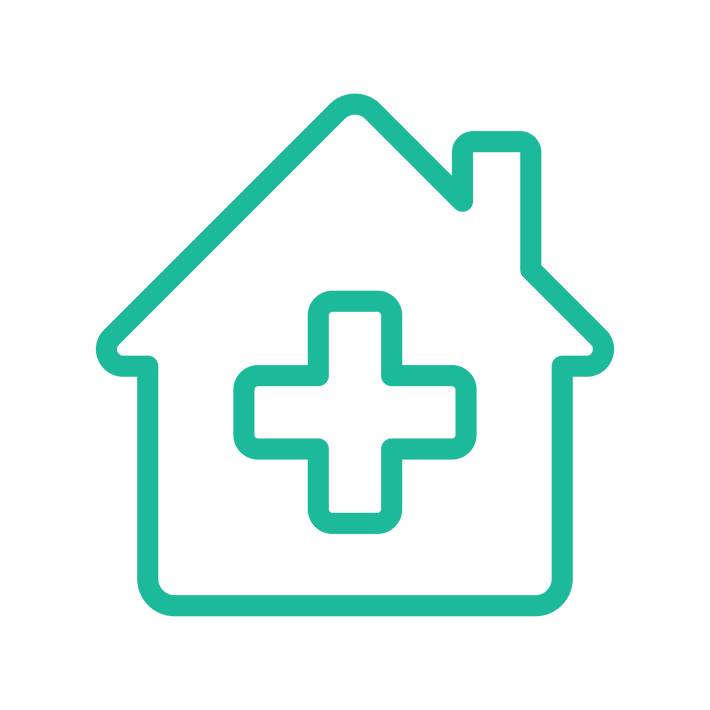 Icon of a house with a cross in the middle with a teal outline on a white background.